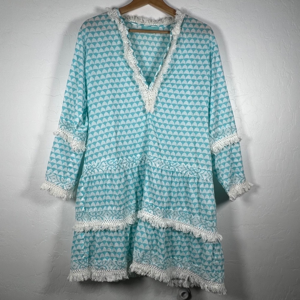 Melissa Odabash Claudia Rivera blue Fringe Cotton Tiered Beach Cover Up Dress L